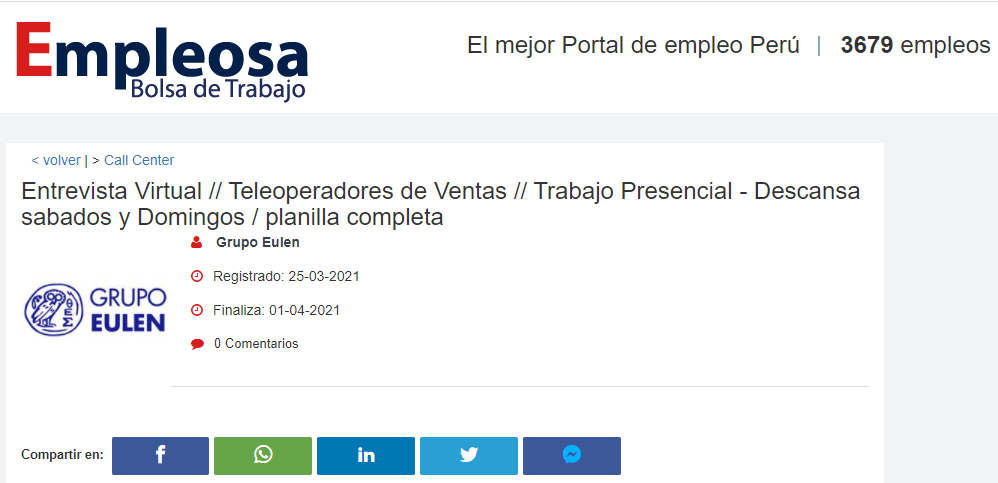 Entrevista Virtual // Teleoperadores de Ventas // Trabajo Presencial - Descansa sabados y Domingos / planilla completa