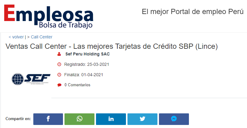 Ventas Call Center - Las mejores Tarjetas de Crédito SBP (Lince)