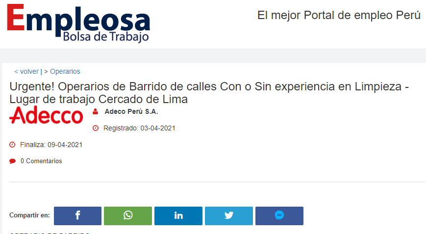 Urgente! Operarios de Barrido de calles Con o Sin experiencia en Limpieza - Lugar de trabajo Cercado de Lima