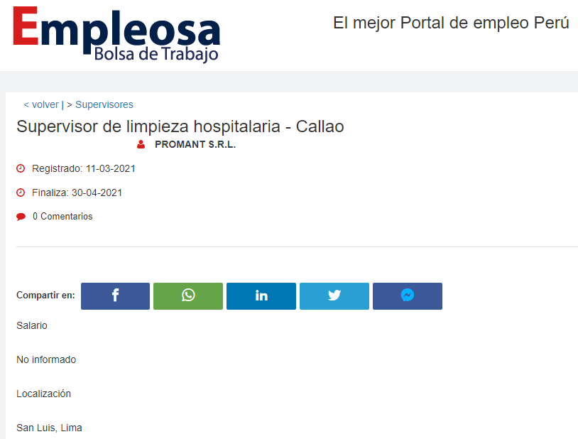 Supervisor de limpieza hospitalaria - Callao