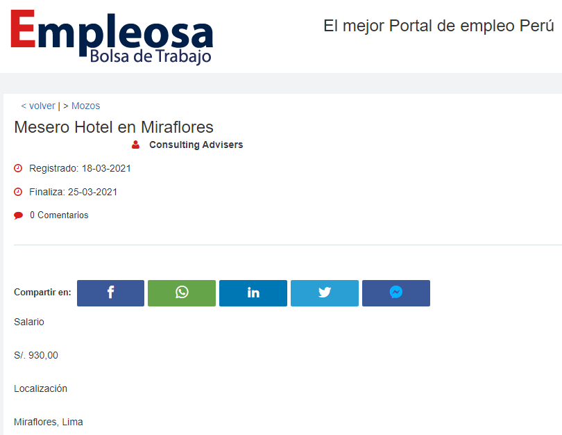 Mesero Hotel en Miraflores