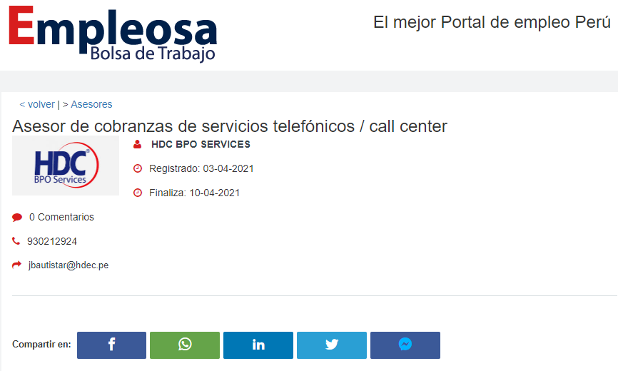 Asesor de cobranzas de servicios telefónicos / call center