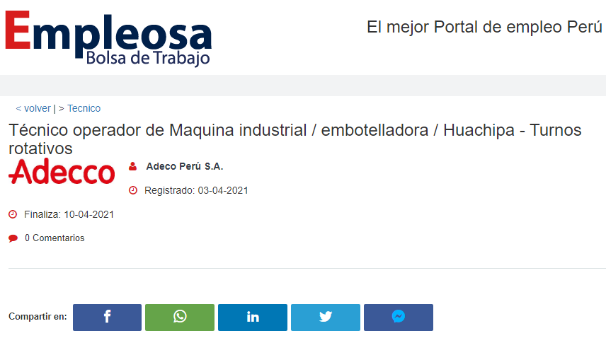 Técnico operador de Maquina industrial / embotelladora / Huachipa - Turnos rotativos