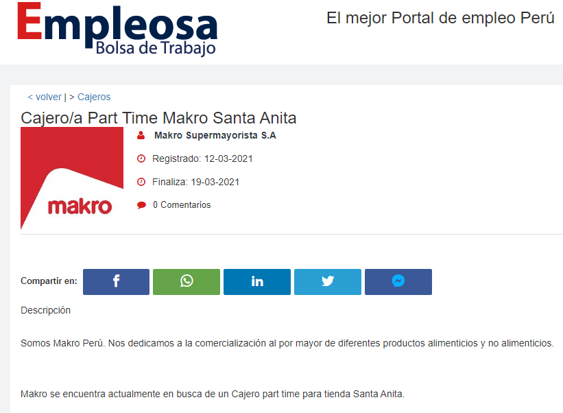 Cajero/a Part Time Makro Santa Anita