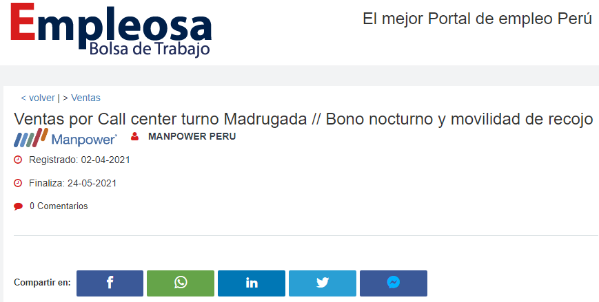 Ventas por Call center turno Madrugada // Bono nocturno y movilidad de recojo