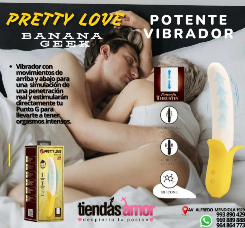 PRETTY BANANA GEEK VIBRADOR CON MOVIMIENTOS DE SUBE Y BAJA SEXSHOP PLAZA NORTE 993890429