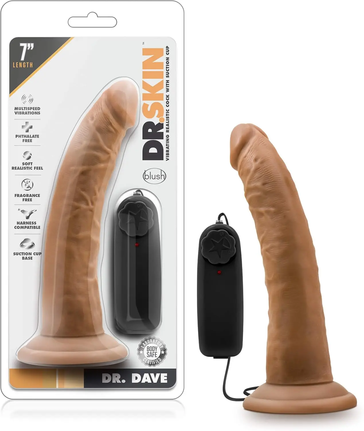 Dr. Skin Dr Dave - Consolador realista vibratorio controlado a distancia de 7 pulgadas - Ventosa compatible con correa para jugar manos libres - Juguete vibrador delgado realista