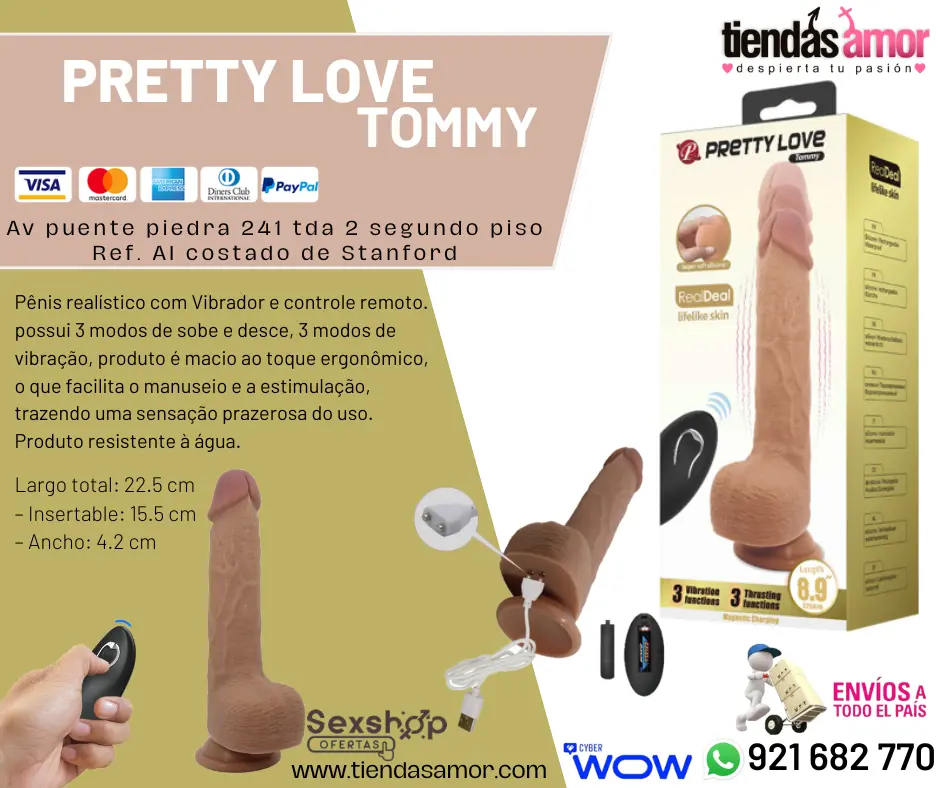 Pretty Love Tommy - Pênis realístico recarregável com movimento vai e vem com controle remoto 