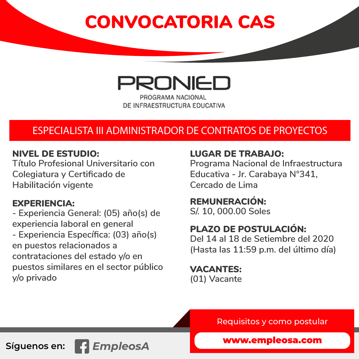 CAS N° 0128: ESPECIALISTA III ADMINISTRADOR DE CONTRATOS DE PROYECTOS Vacantes: 1