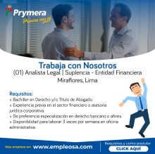 (01) Analista Legal | Suplencia - Entidad Financiera - Miraflores, Lima